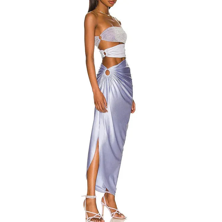 Purple one-piece swimsuit with matching wrap skirt in polyester fabric