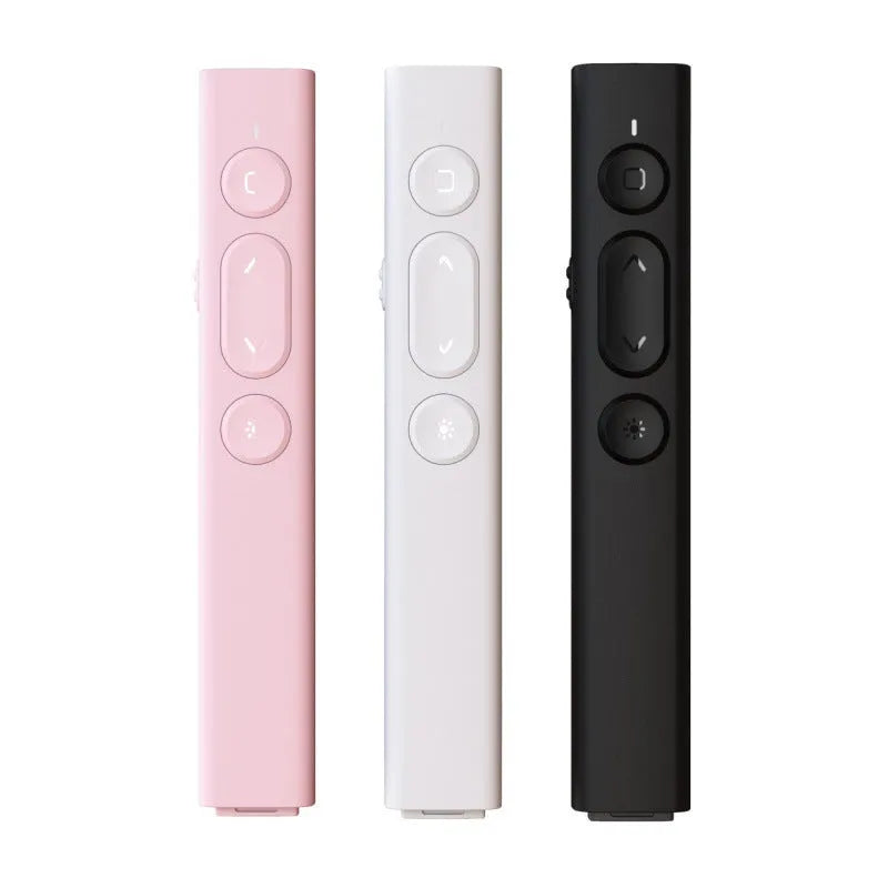 Black wireless presentation remote control pen with laser pointer and USB receiver on a white background.