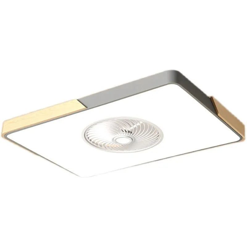 Nordic ceiling fan with integrated light fixture showing solid wood construction and PVC lampshade