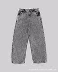 Grey loose straight-leg denim trousers on hanger showing mid-waist design and cotton fabric texture