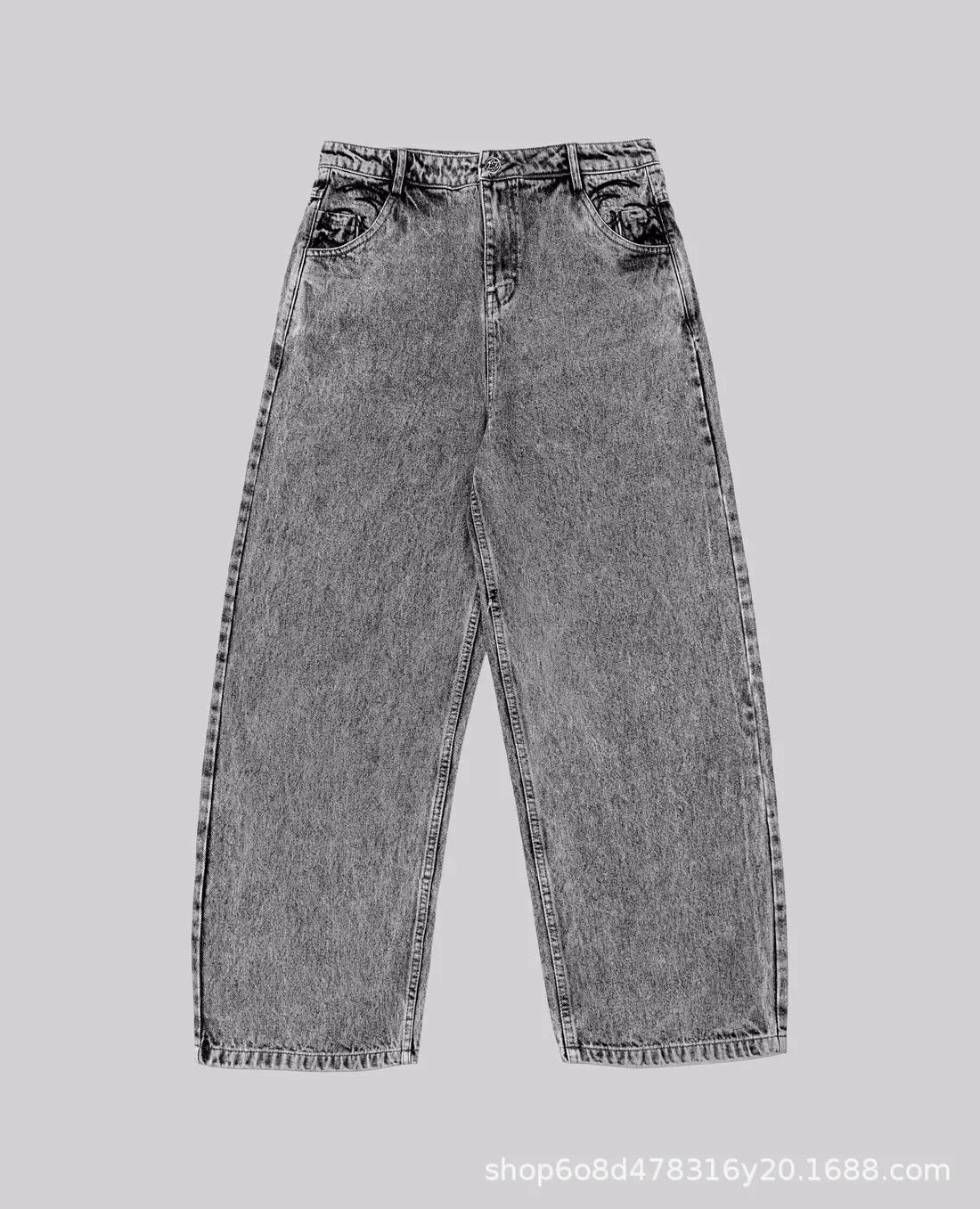 Grey loose straight-leg denim trousers on hanger showing mid-waist design and cotton fabric texture