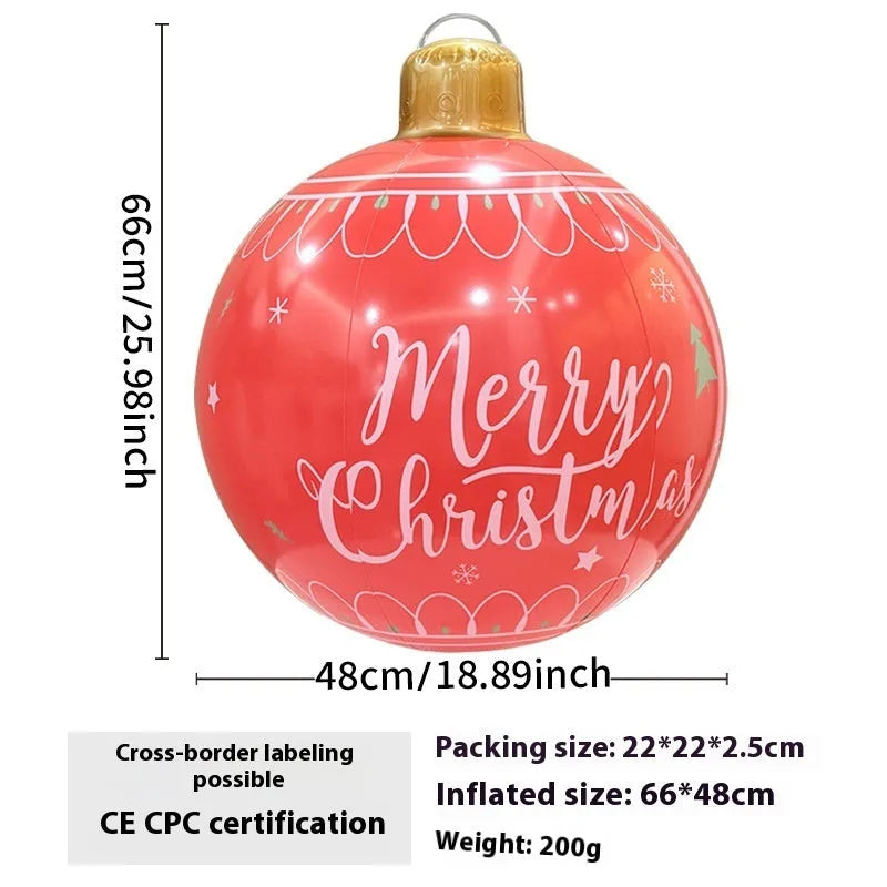 Large red inflatable Christmas ball with flash lights, shown with manual pump, for garden decoration.