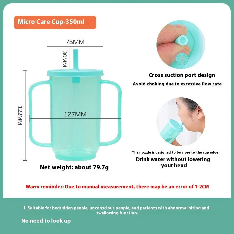 Oblique mouth choke proof cup with optional wrist splint for elderly bed drinking safety