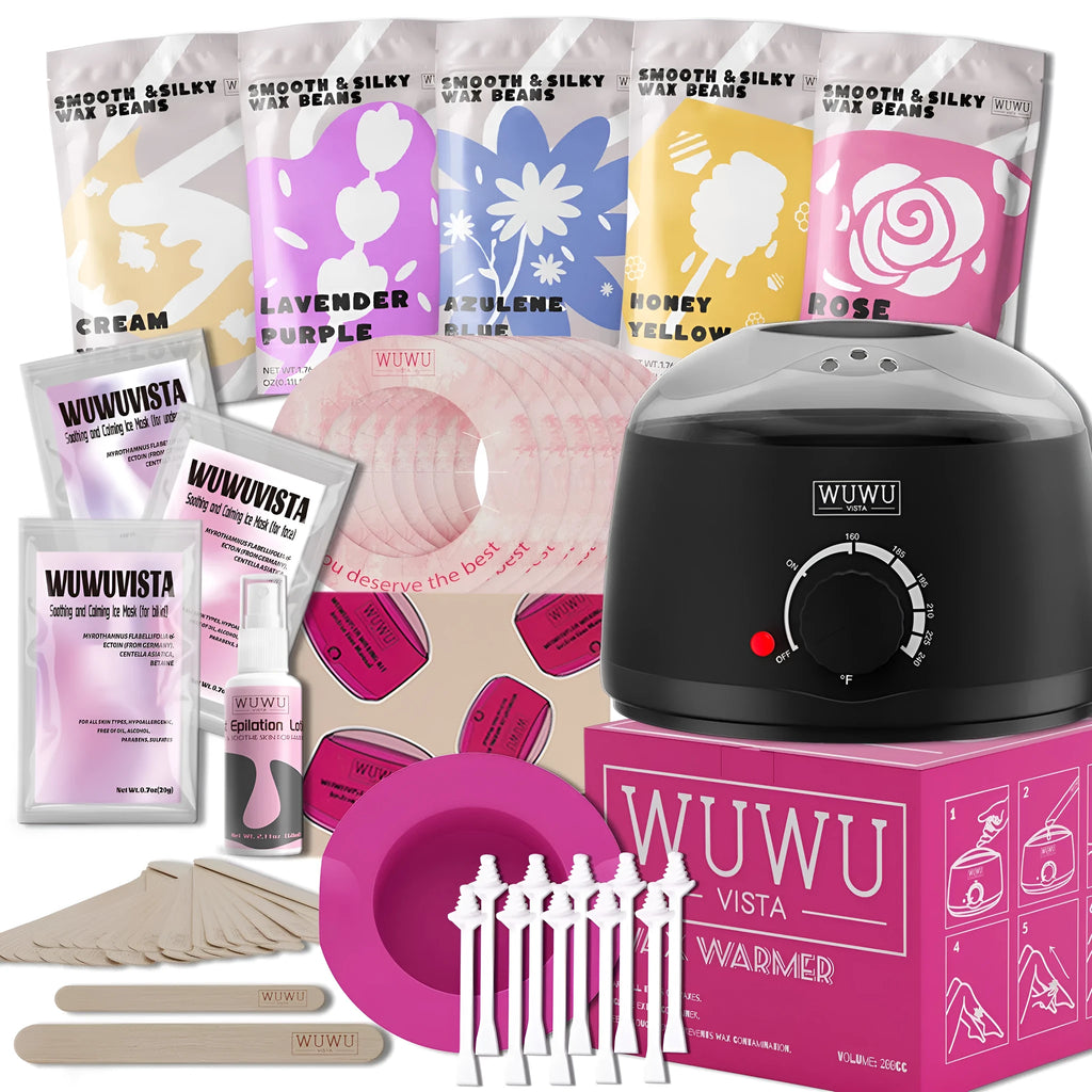 Professional waxing kit with wax warmer, pots of coloured wax beans, application sticks, lotion, and cooling masks on a pink background.