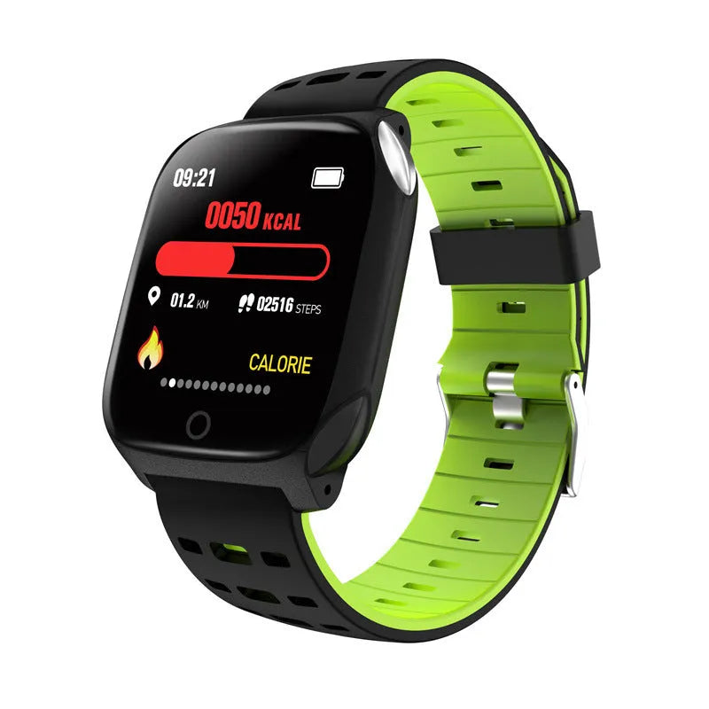F16 Smart Watch with ECG monitoring on wrist showing black/green silicone band and 43mm display