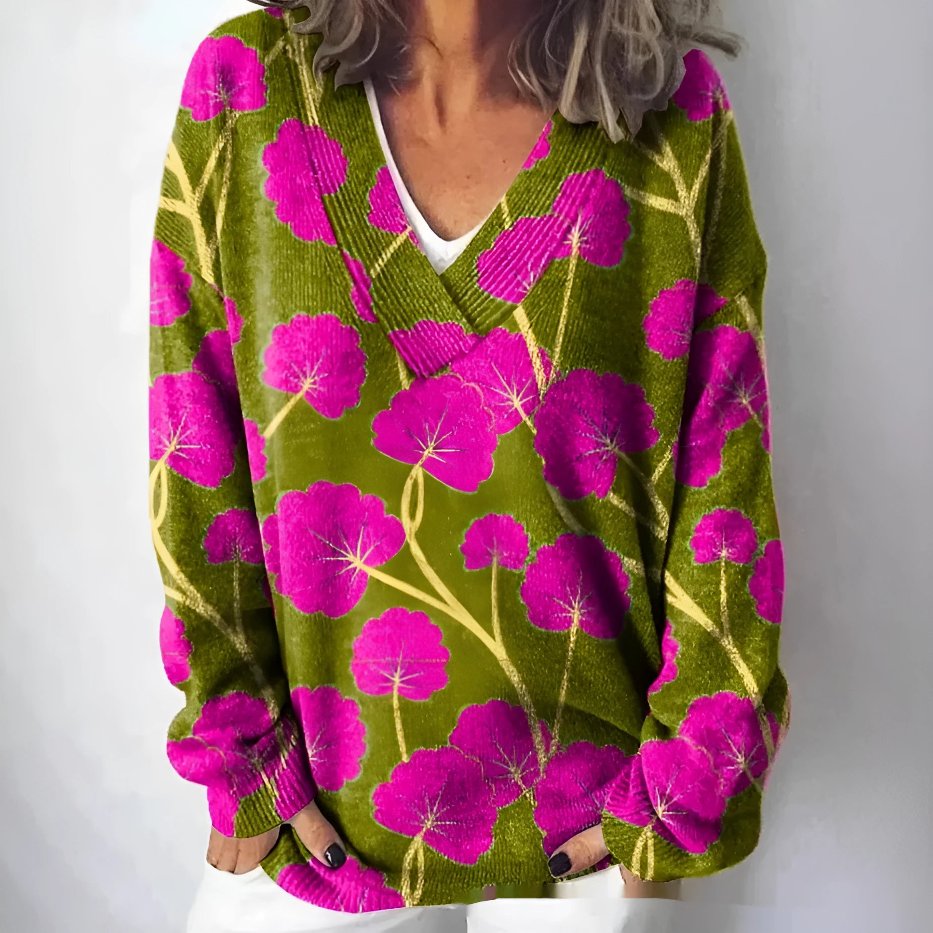 Women's grey 3D floral print sweatshirt with V-neck and long sleeves on a hanger