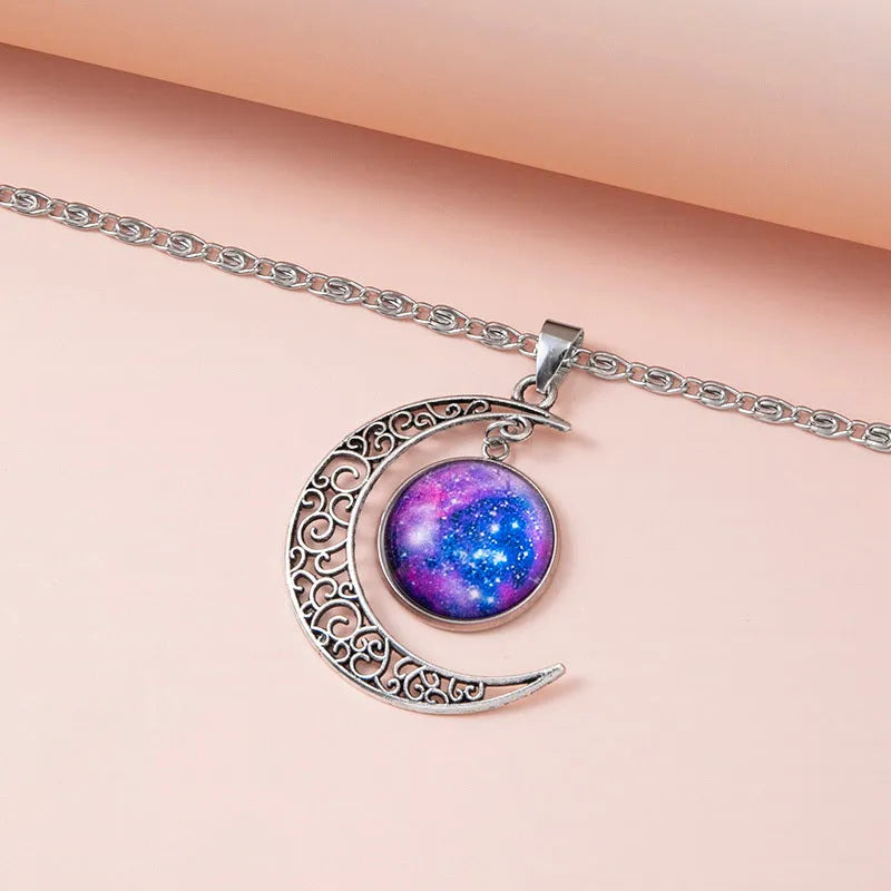 Silver hollow moon pendant necklace with glass star on Figaro chain 40cm women