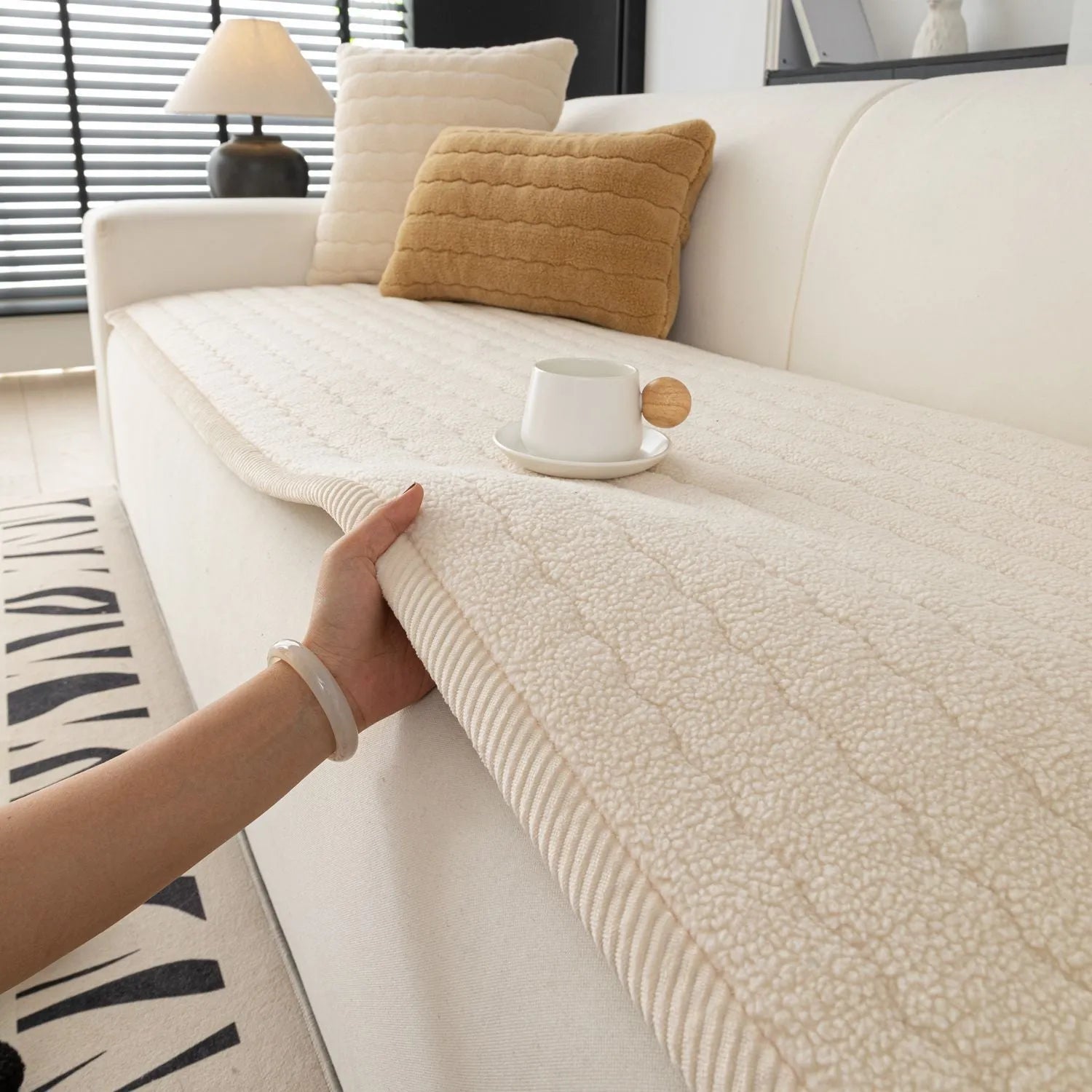Lambswool thickened non-slip plush sofa cushion in solid colour, available in 70x150cm size