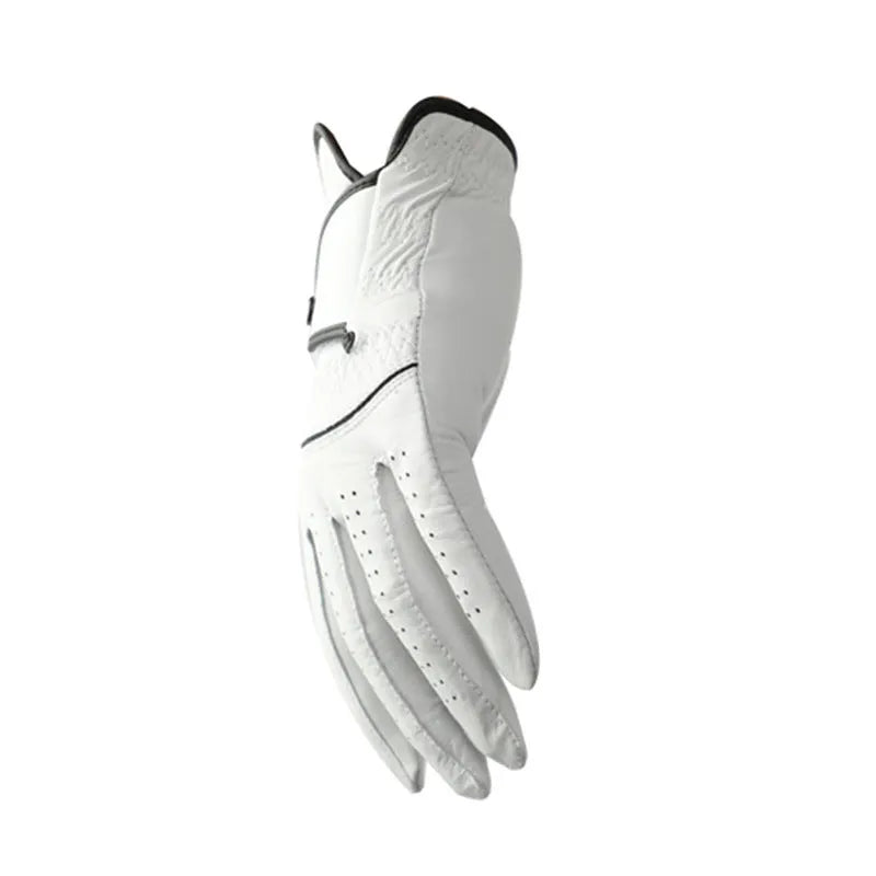 Men's white half sheepskin golf glove showing breathable fabric construction and non-slip surface