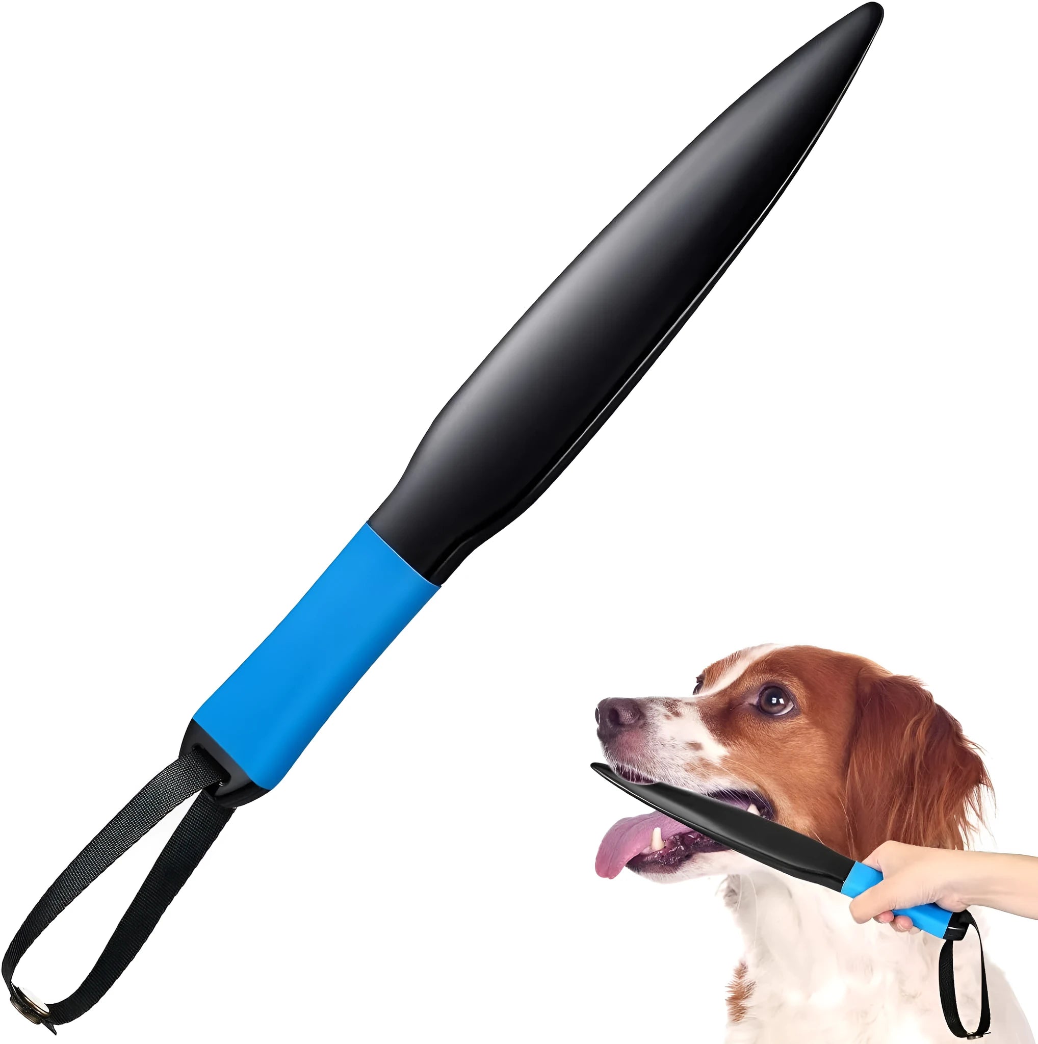 A blue and black nylon dog training break stick measuring 35cm in length.