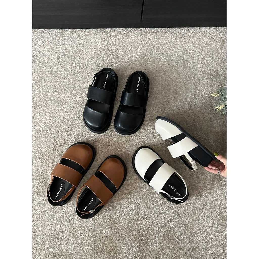 Korean retro sandals with closed toe design and adjustable ankle strap buckle