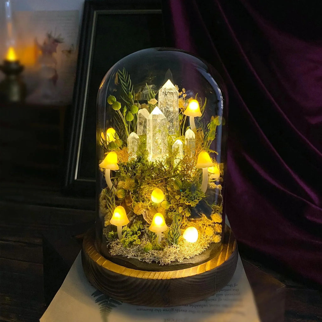 Handmade mushroom small night lamp with cylindrical glass cover and built-in battery