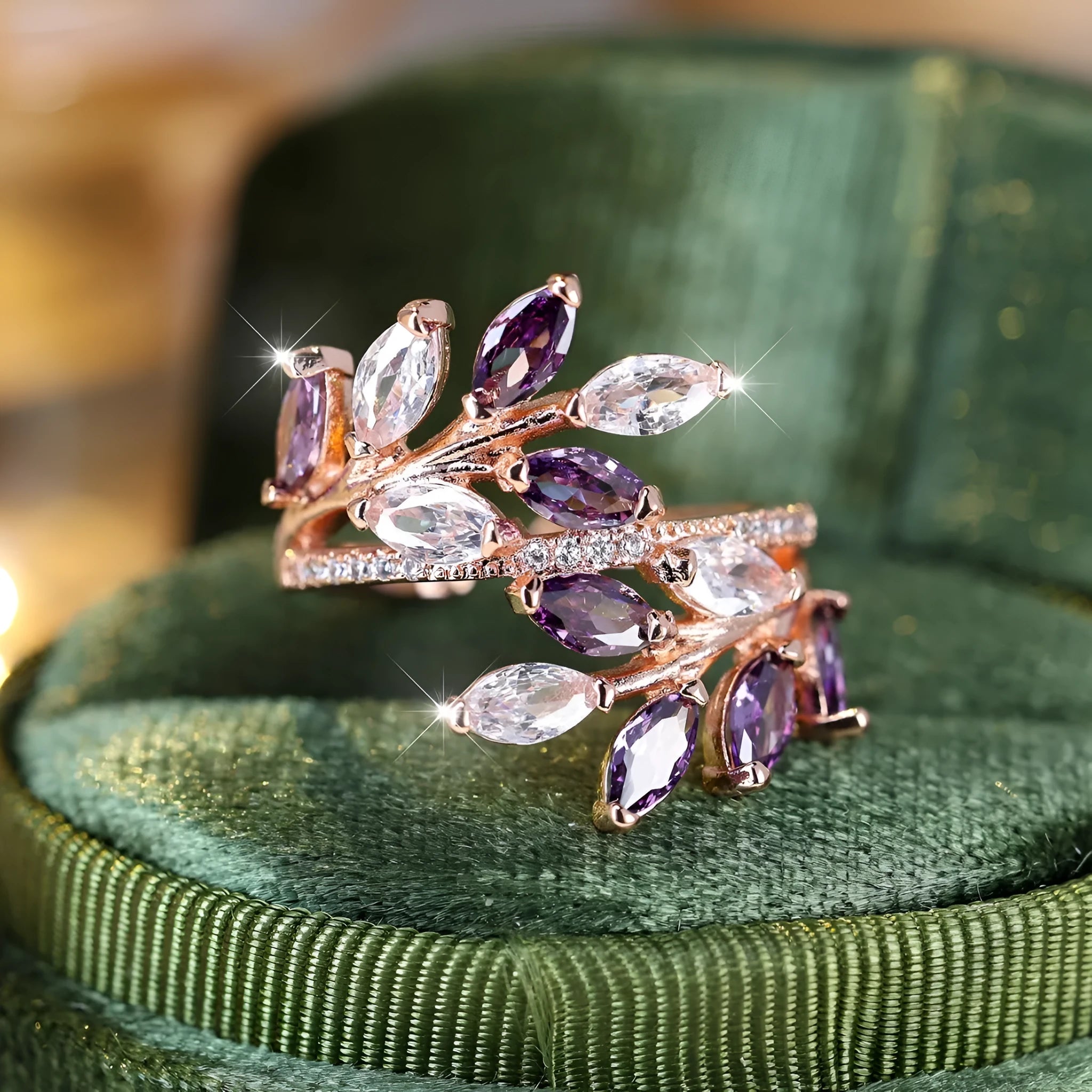Adjustable copper leaf-shaped ring with zircon stones in multiple colour finish options