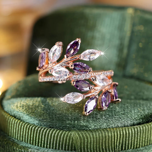 Adjustable copper leaf-shaped ring with zircon stones in multiple colour finish options
