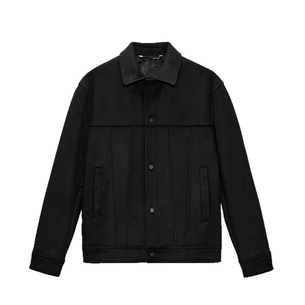 Black men's hooded jacket with suede collar, loose sleeves, and side pockets