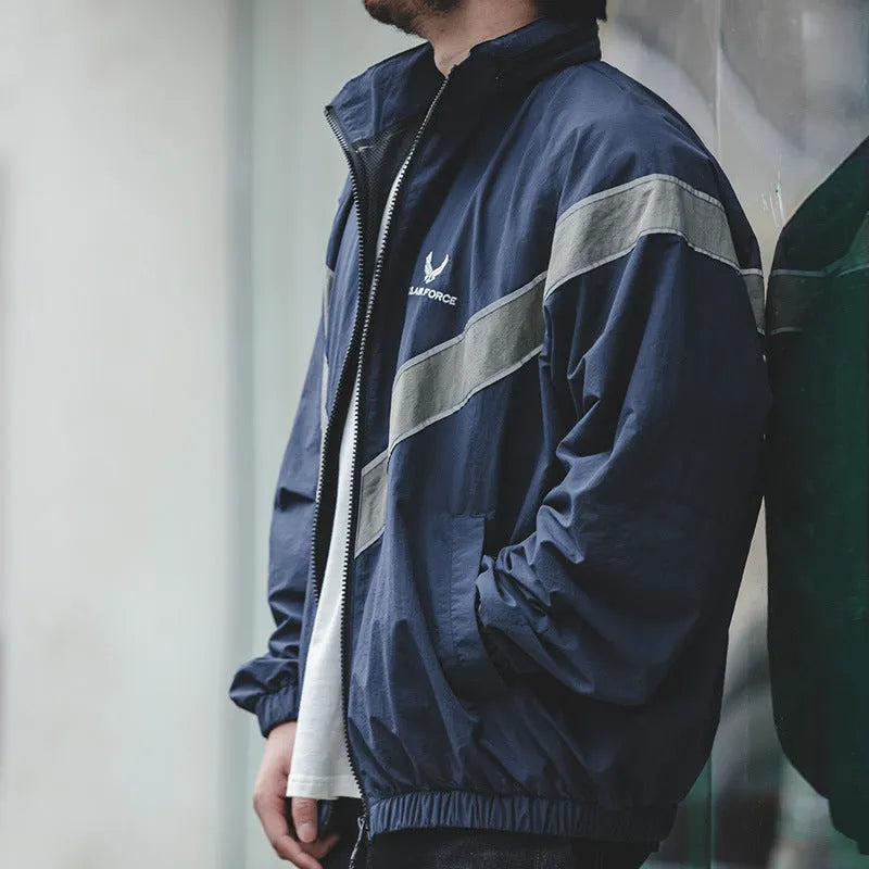 Men's hooded pilot jacket in Air Force Blue with colour-block design and side seam pockets