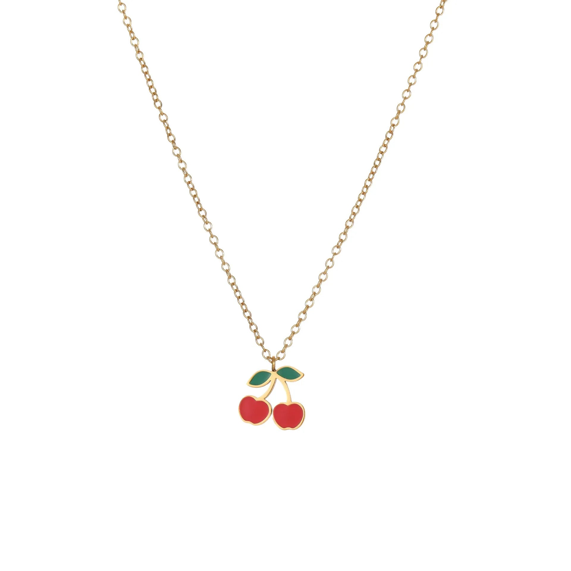 Stainless steel cherry jewellery set with necklace, bracelet, earrings, and ring in golden electroplated finish