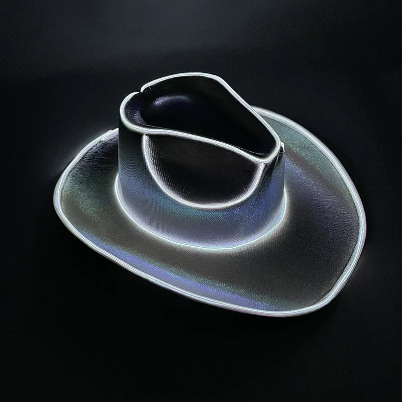 LED wireless fluorescent cowboy flashing hat in green, front view, EVA and EL wire construction, average size