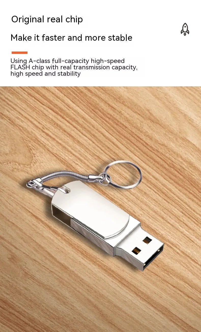 White metal rotating USB flash drive showing compact 34mm size with connector exposed