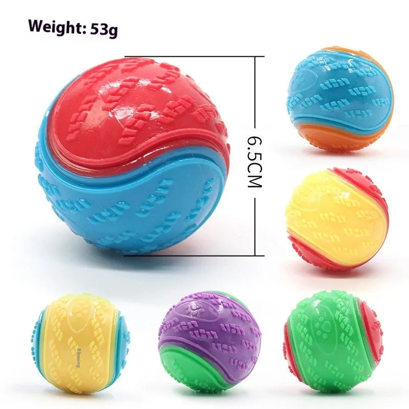 TPR rubber dog ball with molar texture, 6.5cm diameter, showing colour options including luminous variant