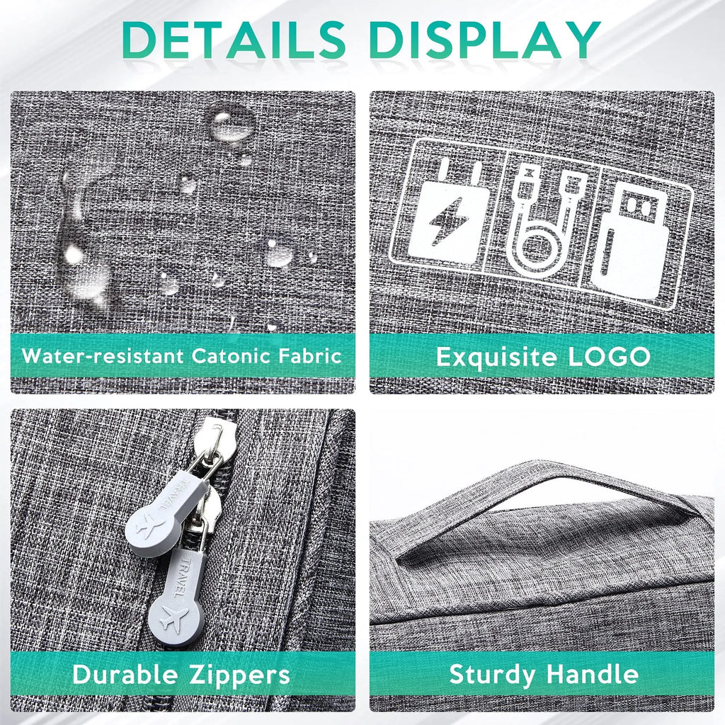 Black or grey waterproof travel cable organiser bag open to show mesh pockets and removable padded dividers.
