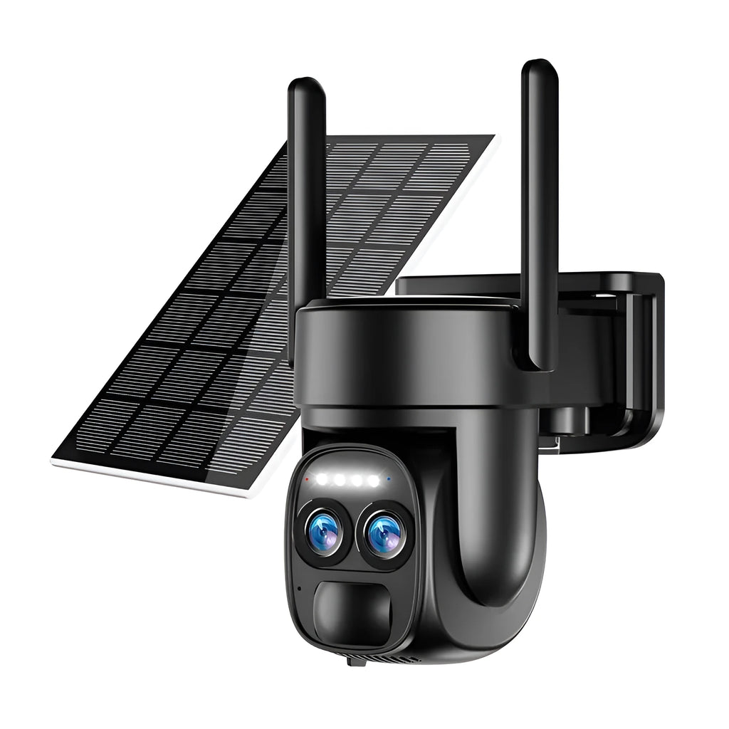 Solar-powered outdoor security camera with 8x zoom lens and dual 4G/WiFi antennas