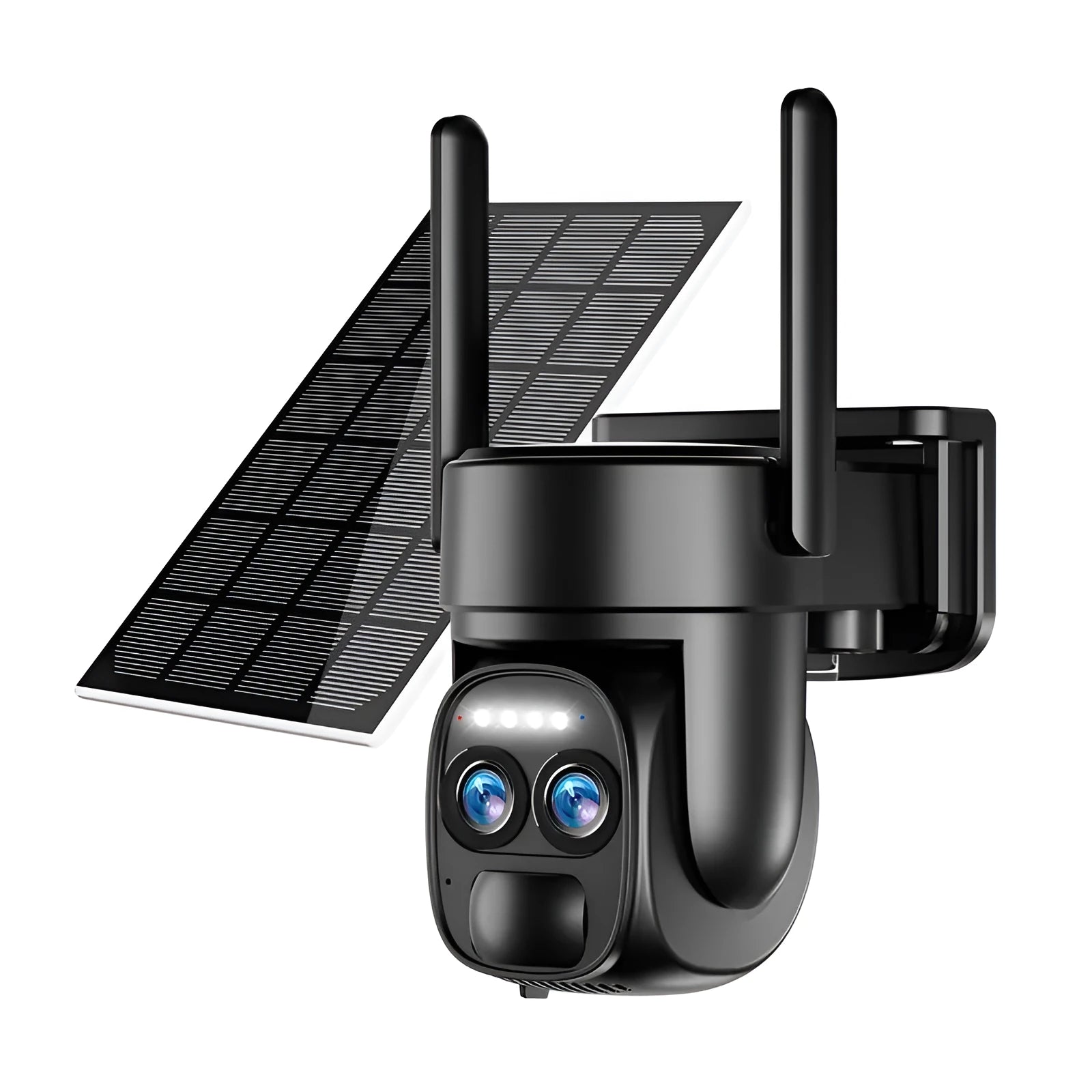 Solar-powered outdoor security camera with 8x zoom lens and dual 4G/WiFi antennas