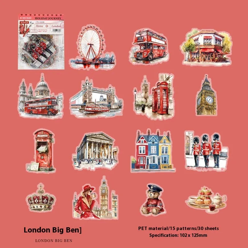Architecture journal stickers with London Big Ben, Paris Arc de Triomphe and four other landmark designs in retro style