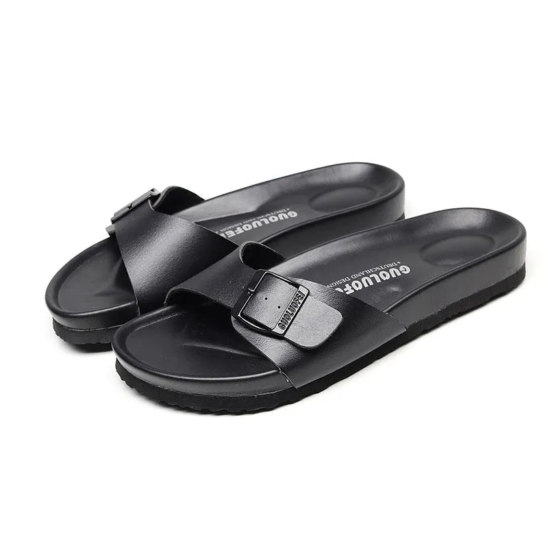 Flat non-slip beach slippers with EVA sole and artificial PU upper, available in multiple colours and sizes 35-46