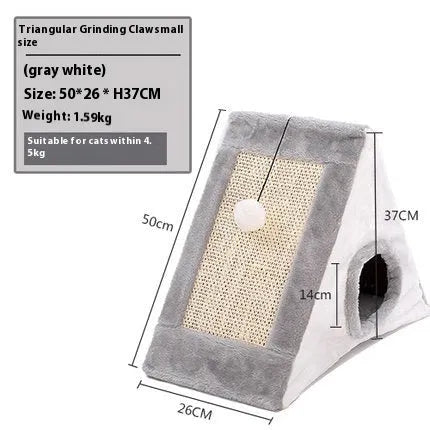 Triangular cat scratching toy with sisal surface in grey-white colour option showing perch design