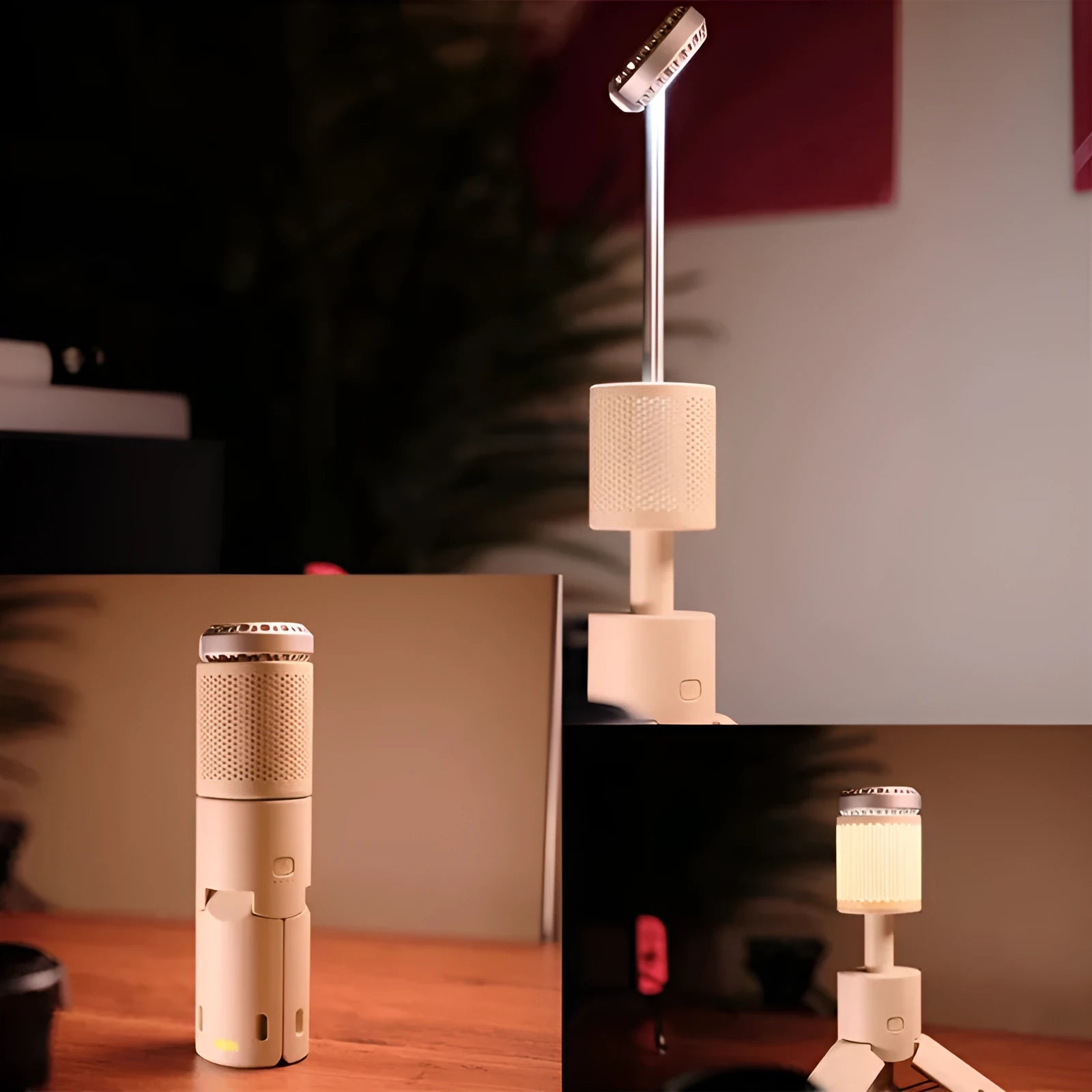 Portable LED camping light in creamy white or dark grey colour with button switch