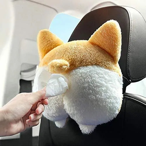 Yellow corgi butt shaped fabric pouch for holding a tissue box, shown with elastic strap for hanging.