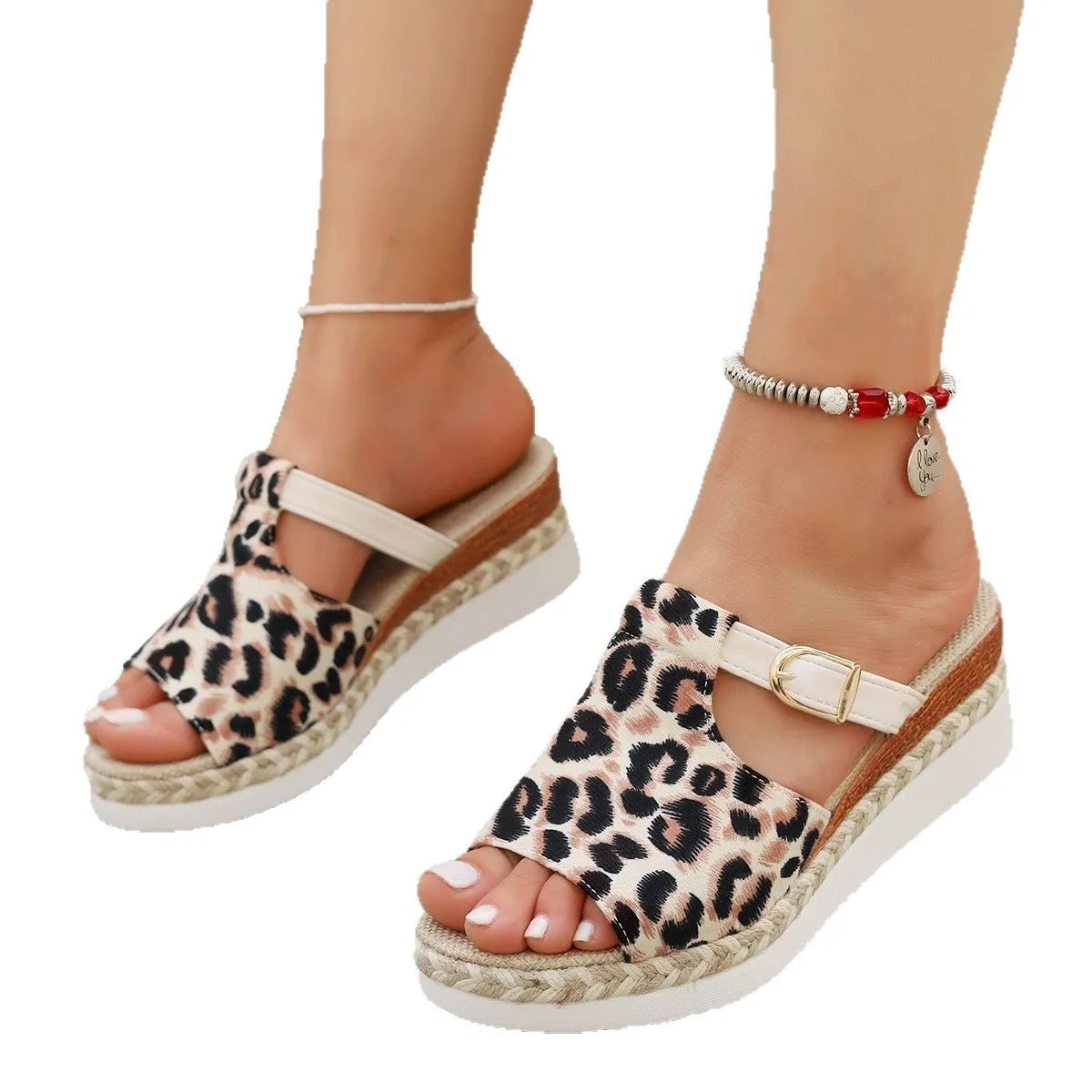 Women's leopard print wedge platform sandals with fish mouth toe in light green.