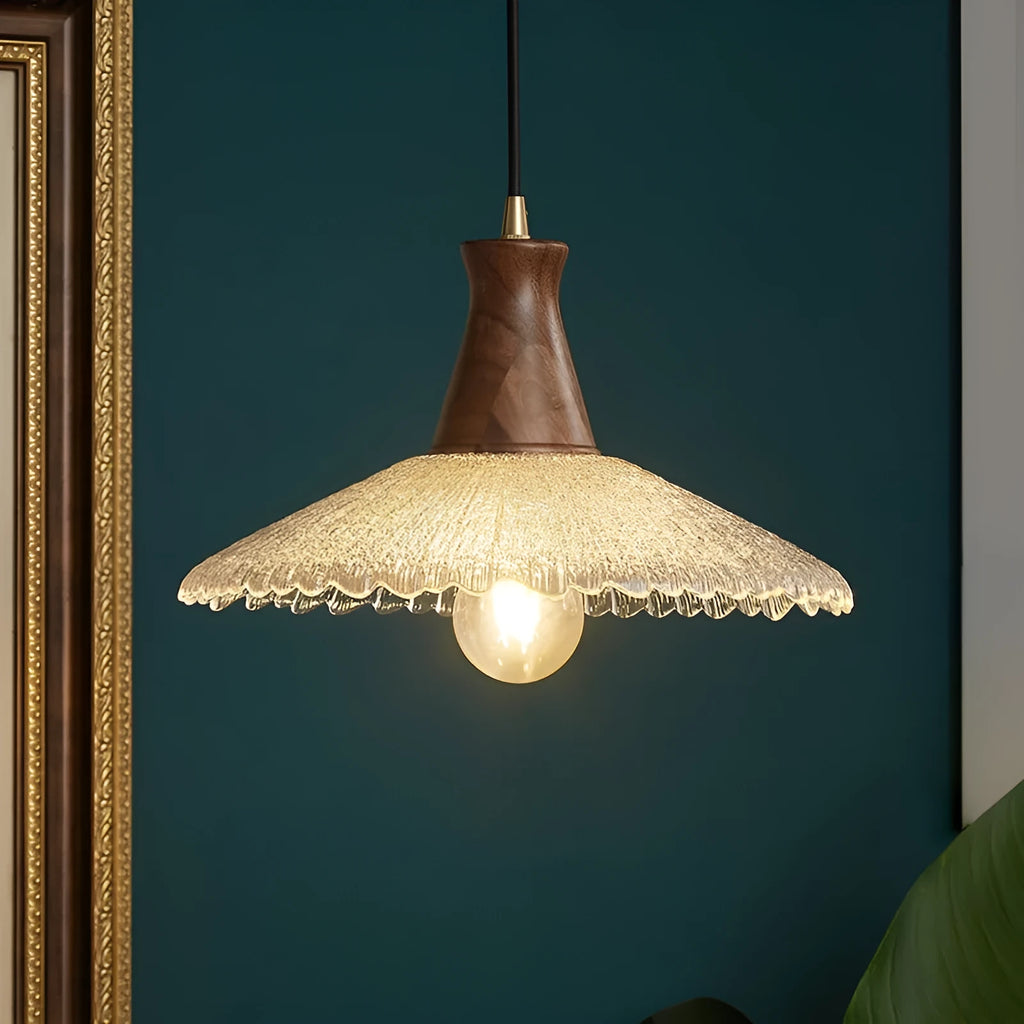 Wooden ceiling chandelier with glass shade and brass electroplating for restaurant lighting