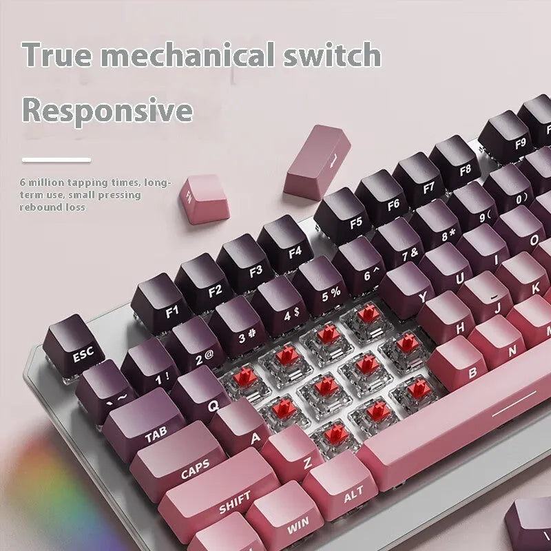 87 key wired mechanical keyboard with side engraved keycaps and white backlighting, compact design