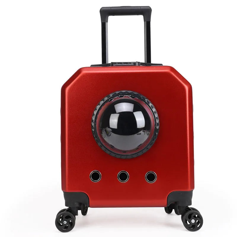 Hard shell PVC pet trolley case in orange, pink, white, or burgundy for travel.