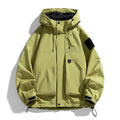 Men's waterproof windproof hooded jacket in black purple ginger yellow colours showing front view