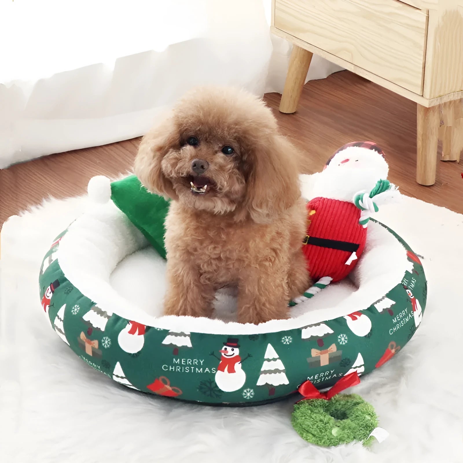 Christmas pet bed for dogs and cats, red and green flannel with snowman print, antislip base, 50cm size