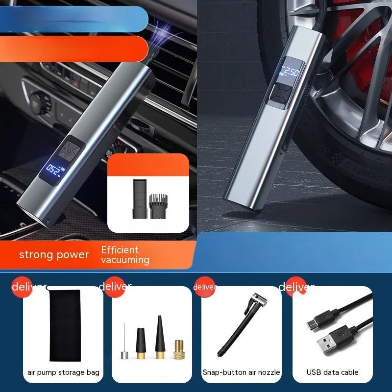 Silver and black portable car air pump with digital display, shown with adapters and USB cable on a table.