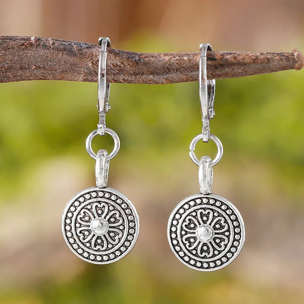 Bohemian style retro round print distressed ethnic earrings for women in zinc alloy with electroplated finish