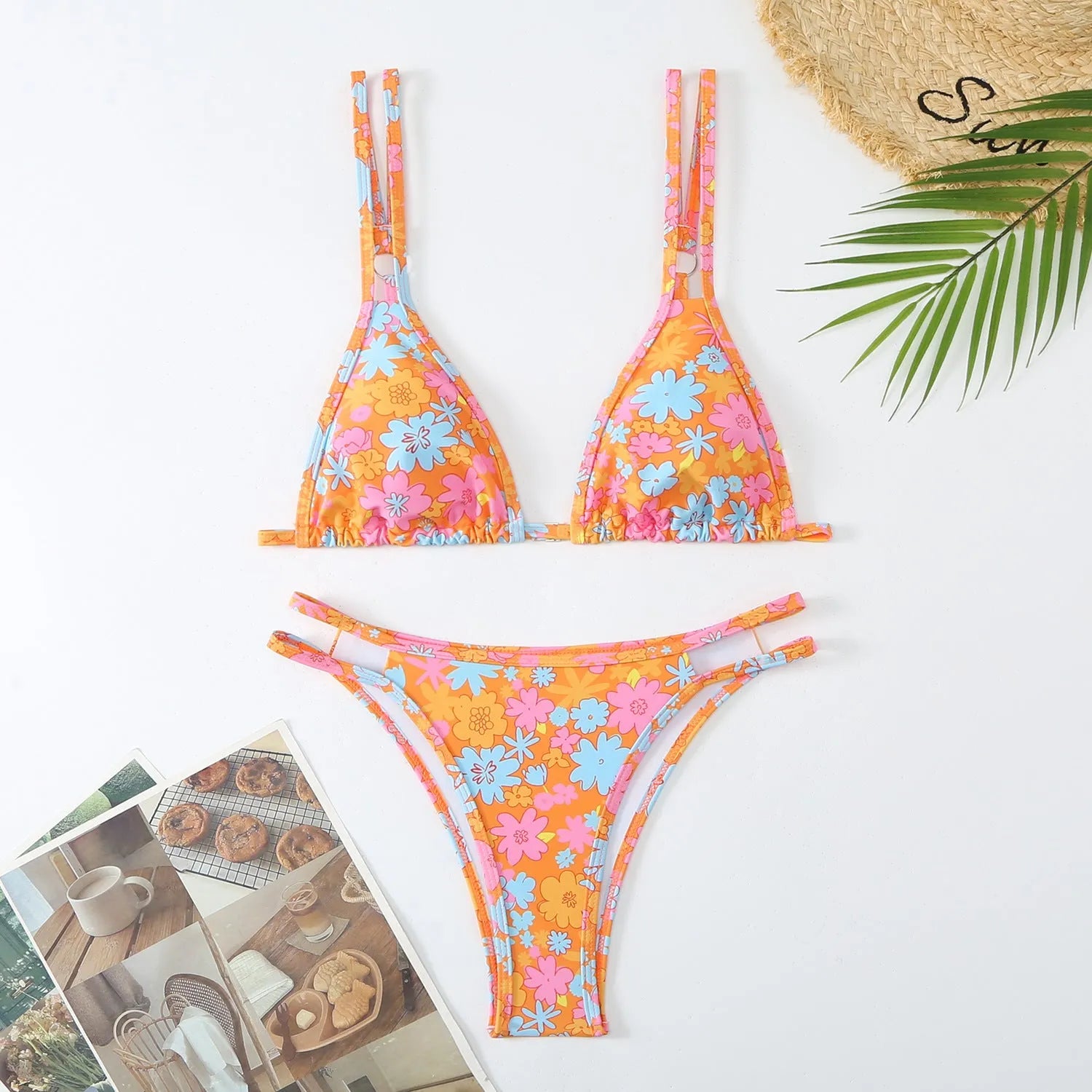 Women's printed halter swimsuit two-piece set in polyester with floral patterns and multiple colour options