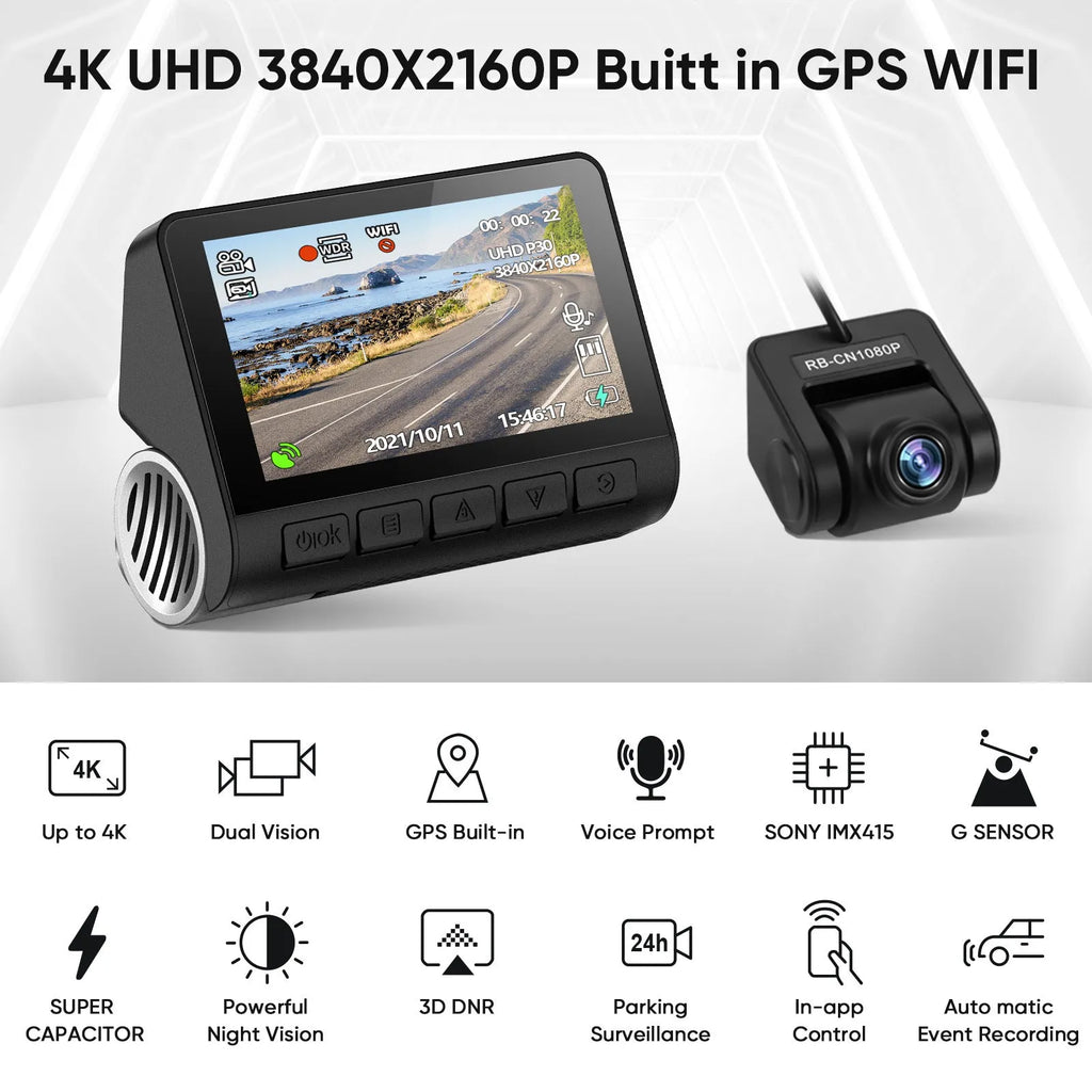 V55 4K UHD night vision car camera in black with lens, mounted on front windshield