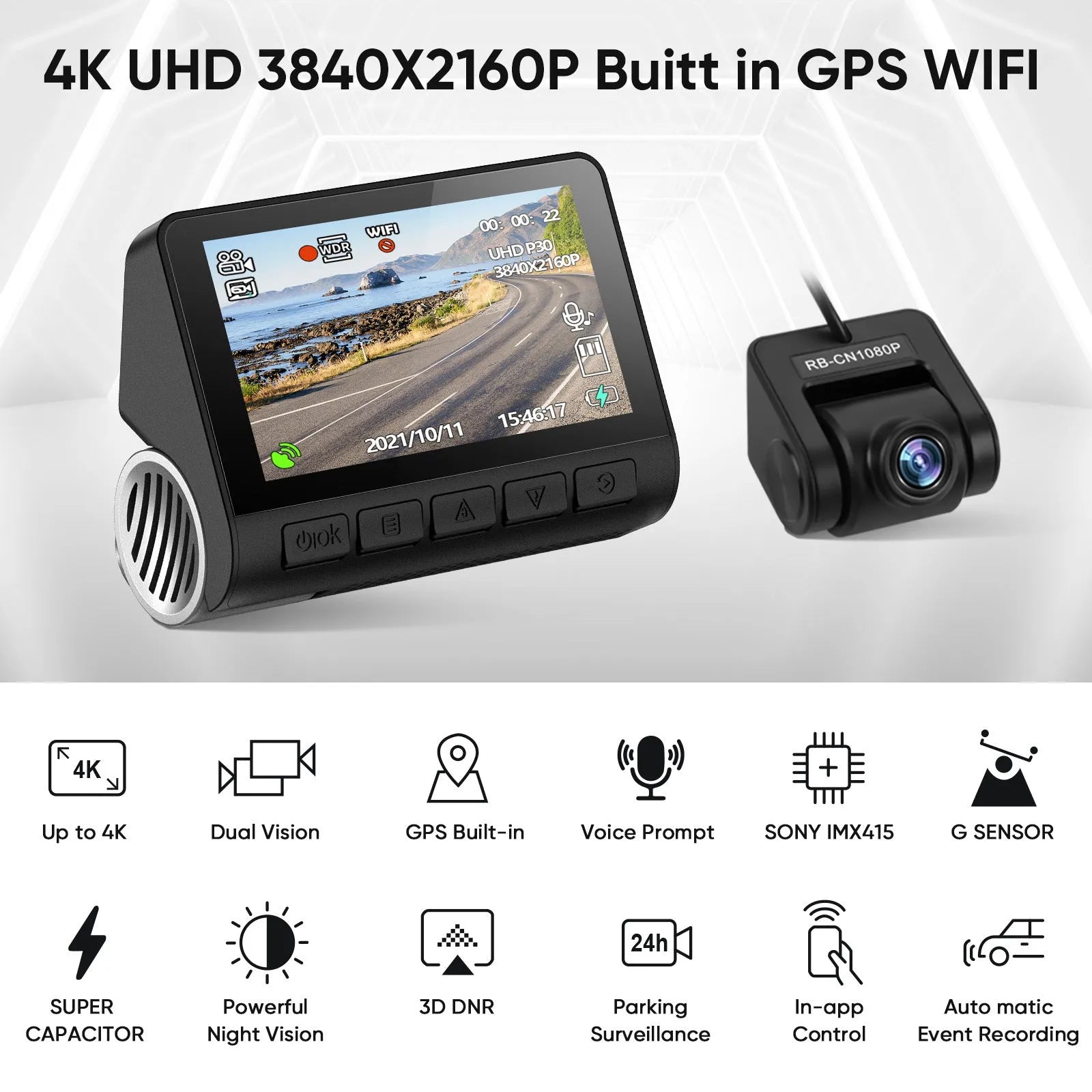 V55 4K UHD night vision car camera in black with lens, mounted on front windshield