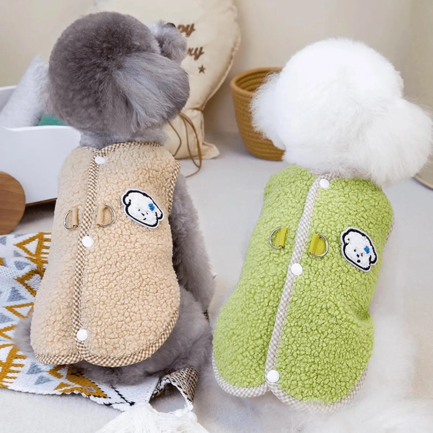 Green coral fleece dog vest with a metal leash ring on the back for a small dog.