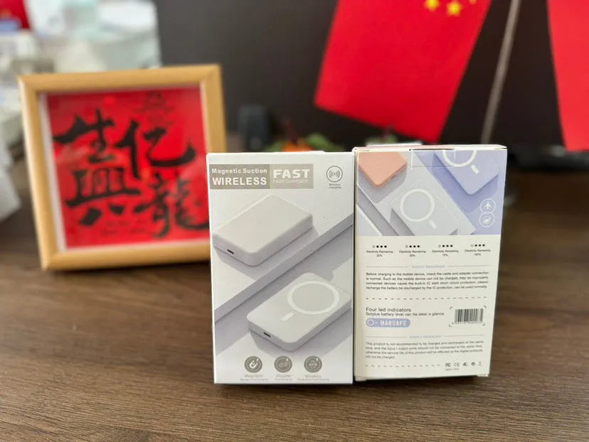 White magnetic wireless charging power bank with 5000mAh capacity showing compact dimensions