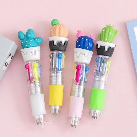 Four-colour press ballpoint pen with random cartoon design showing cactus, fast food, or fruit patterns