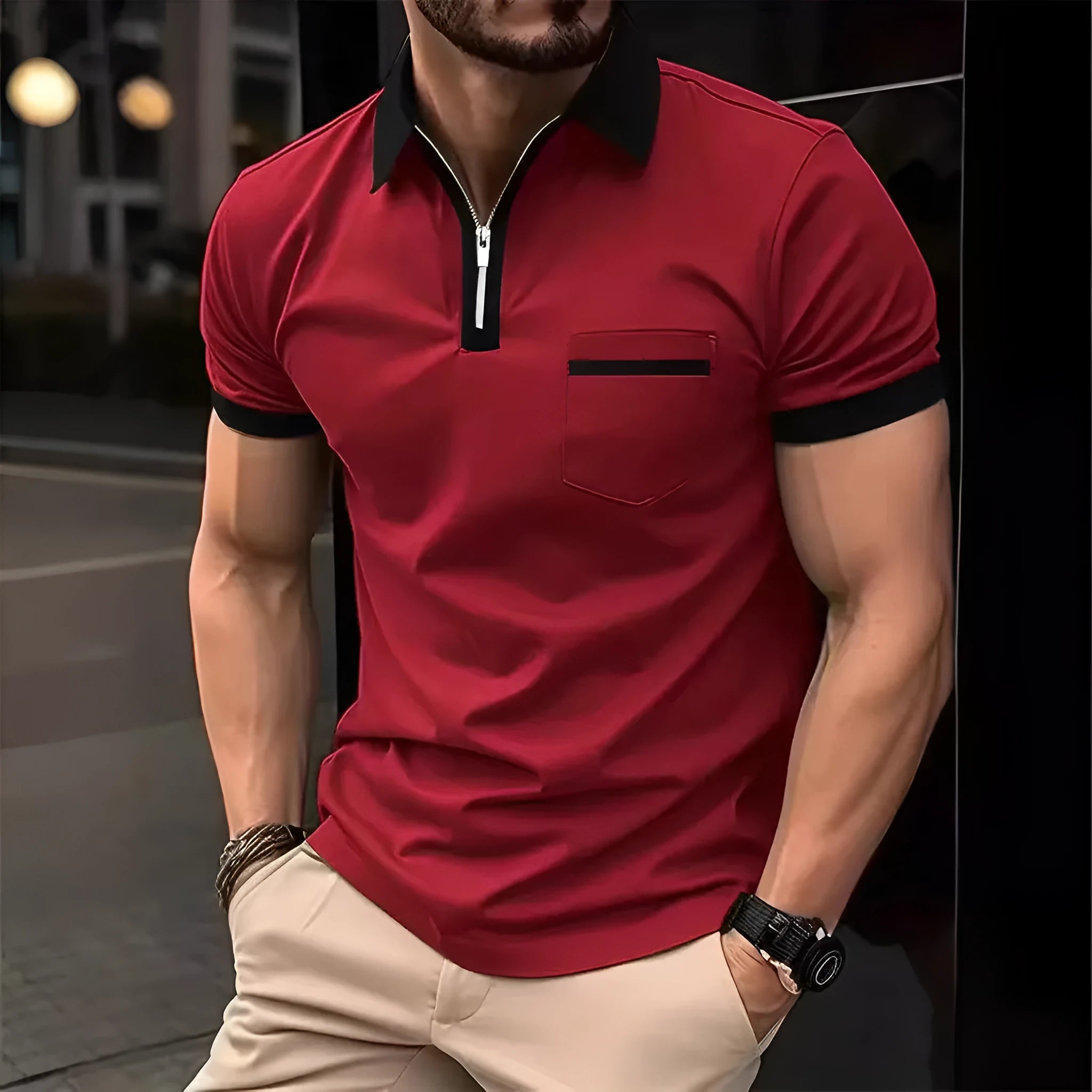 Men's loose fit short sleeve shirt with chest pocket and zipper decoration in multiple colour options