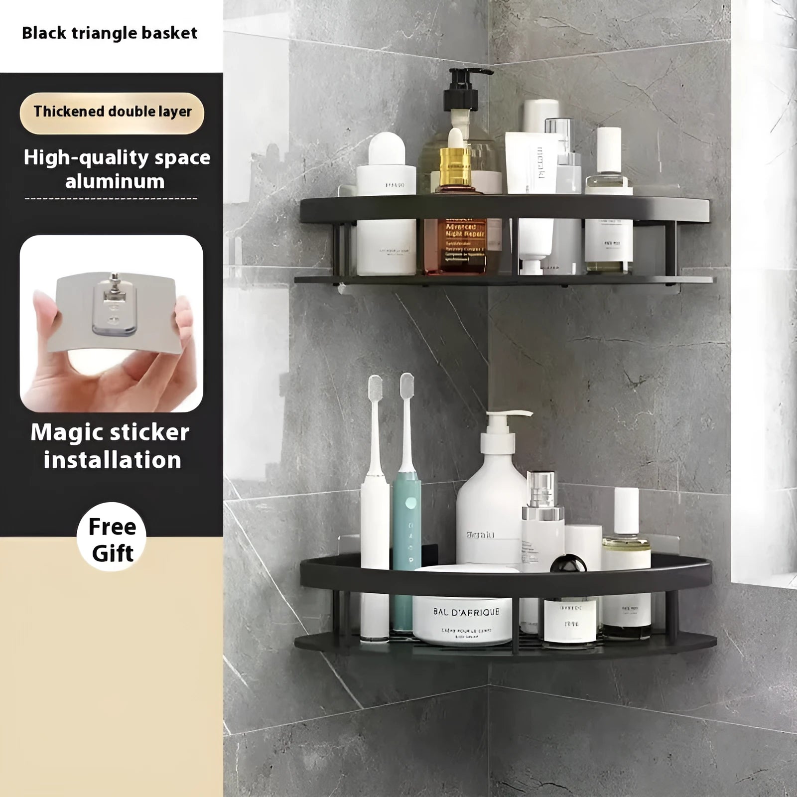 Black triangle-shaped bathroom storage rack with multiple layers for punch-free wall mounting