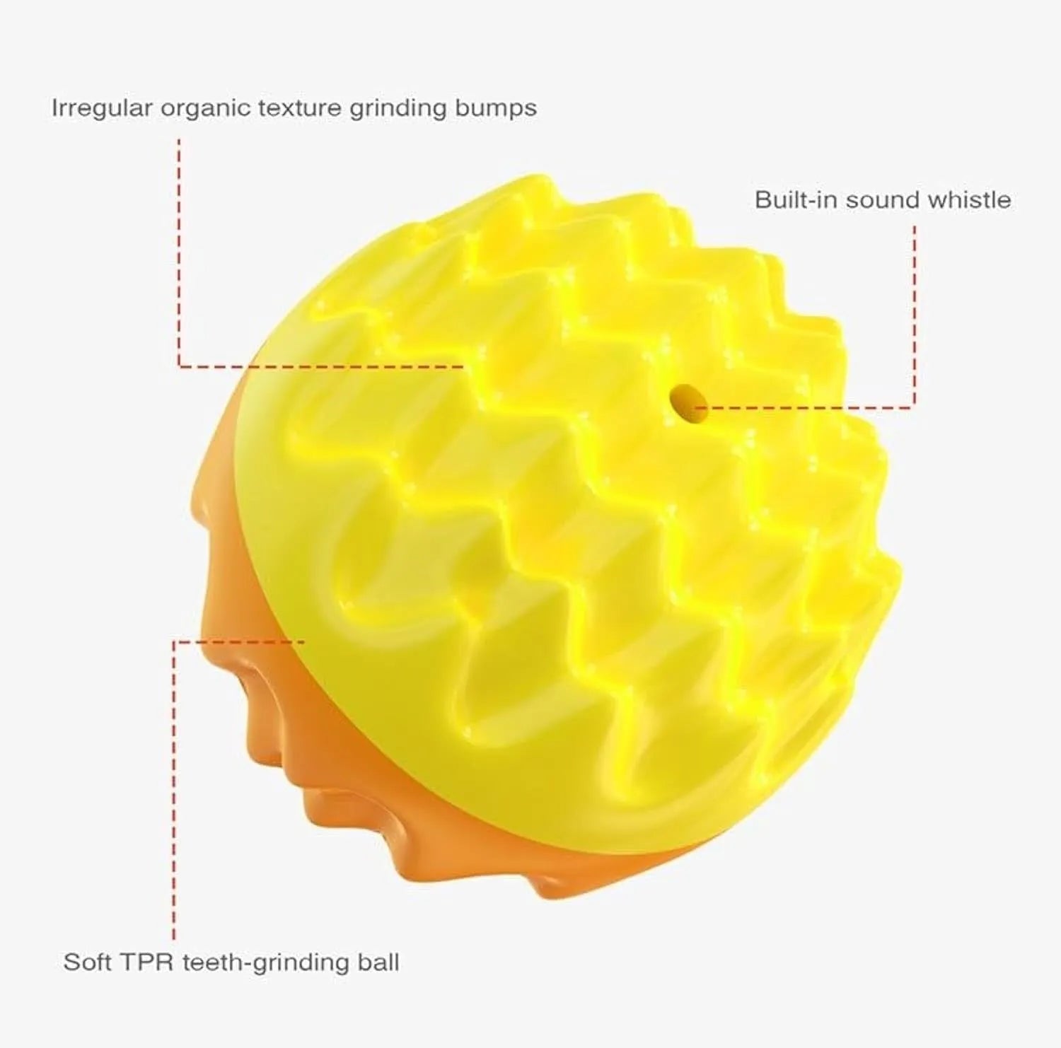 Blue and orange squeaky dog ball toy with spiky texture for teeth cleaning and floating capability