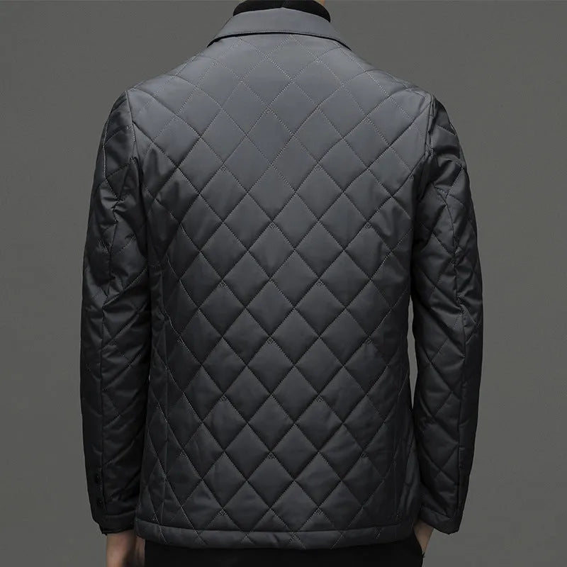 Men's solid colour down jacket cardigan with lapel collar and side seam pockets.